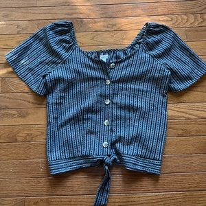 Blue Linen Button Up Top